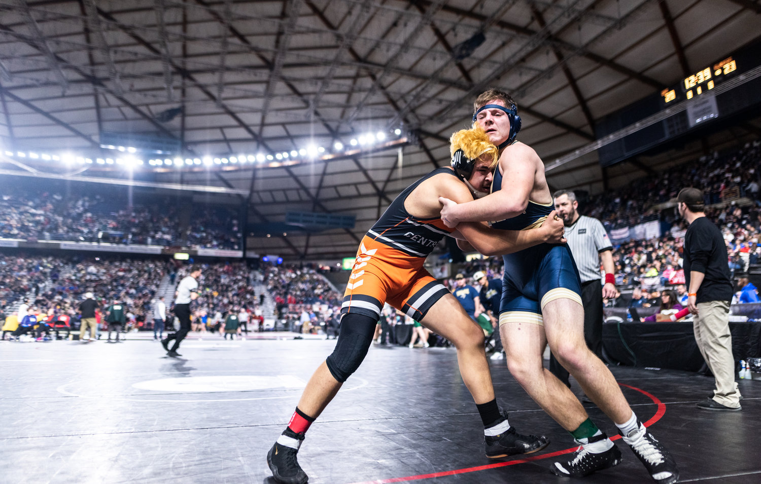 Centralia’s Eriberto Mojica, 220 pounds, competes at Mat Classic XXXIV on Friday, February 17, 2023, at the Tacoma Dome. (Joshua Hart/For The Chronicle)